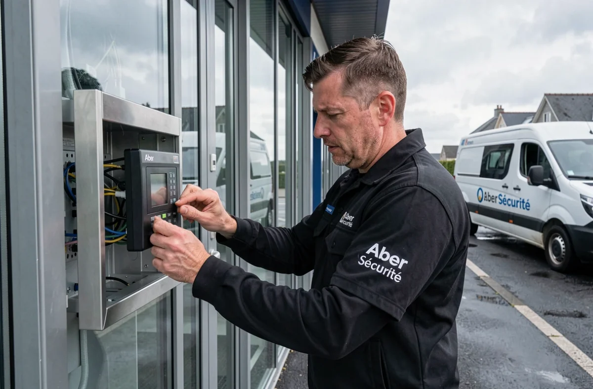 Technicien d'Aber Sécurité installant un contrôle d'accès électronique sur la façade d'un bâtiment commercial breton