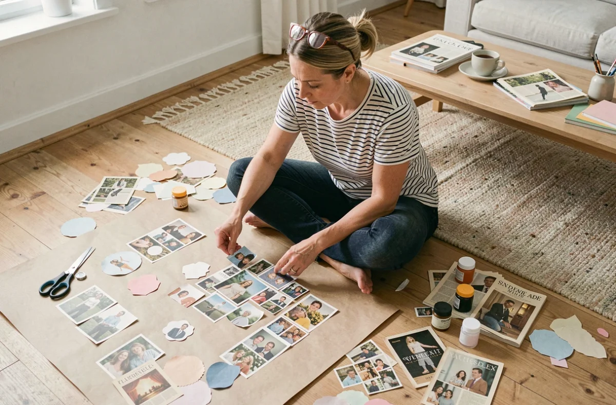 Femme adulte créant un collage artistique avec des découpages de magazines sur le sol de son salon scandinave