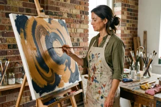 Femme adulte peignant sur une toile abstraite dans un atelier d'art maison avec tablier en lin taché de peinture