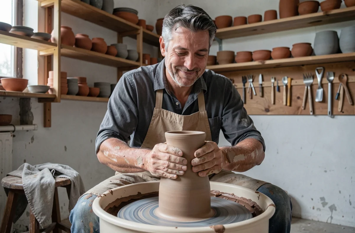 Homme adulte façonnant un vase en argile sur un tour de poterie dans un atelier de céramique rustique