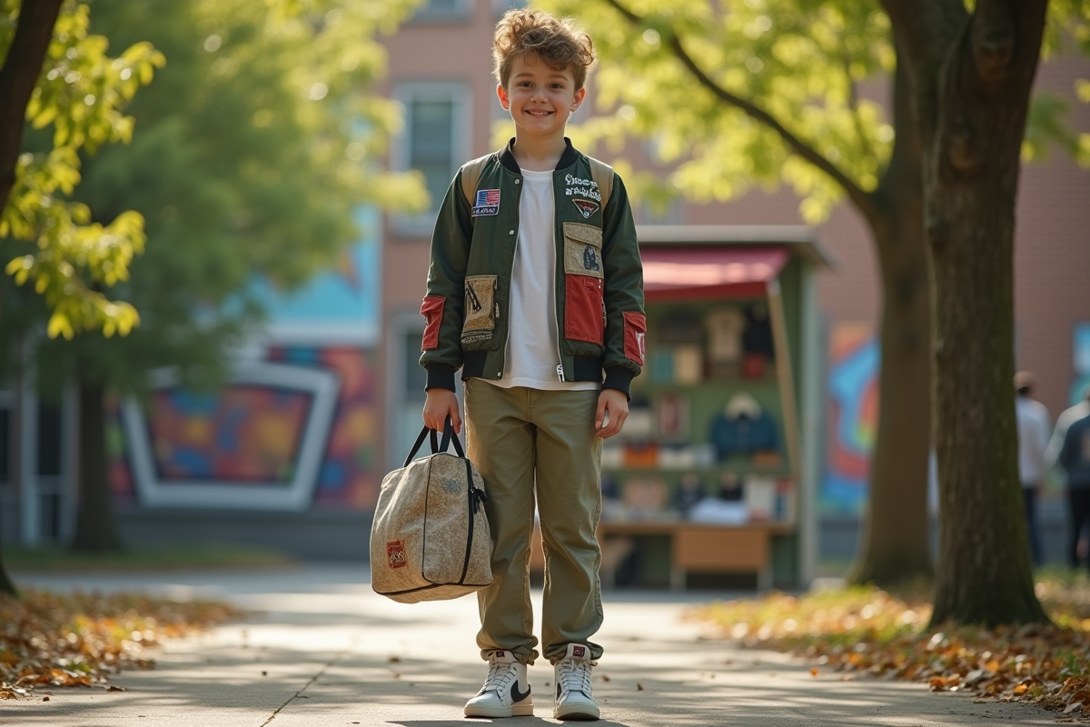 Adolescent avec veste seconde main dans un parc urbain