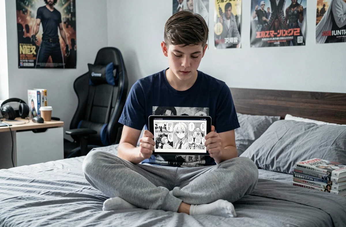 Adolescent consultant un scan manga sur tablette numérique dans sa chambre