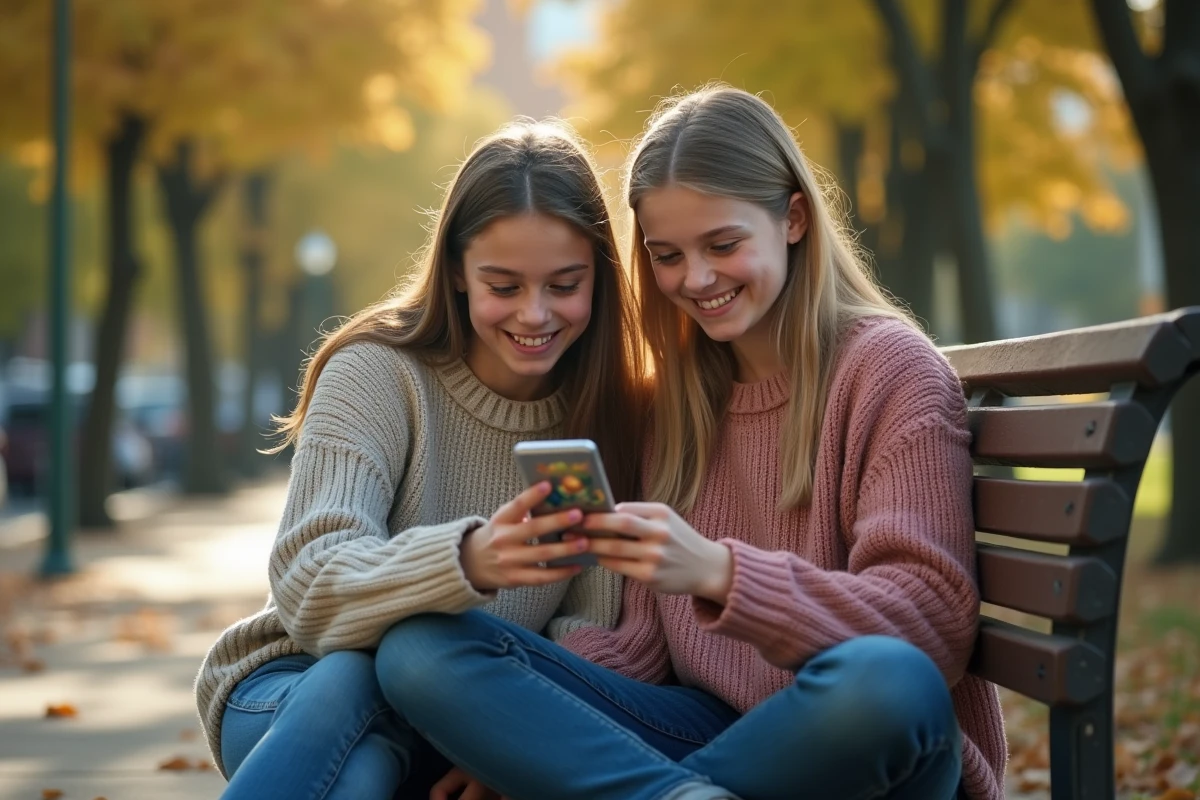 Adolescente souriante montrant Clash of Clans à une amie dans le parc