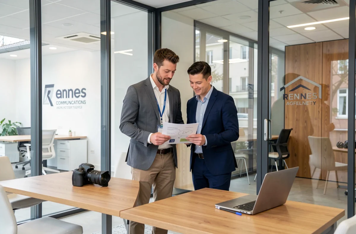Équipe de vidéastes et stratèges en communication dans les bureaux modernes d'une agence à Rennes