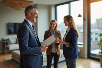 Agent immobilier souriant avec couple dans salon lumineux