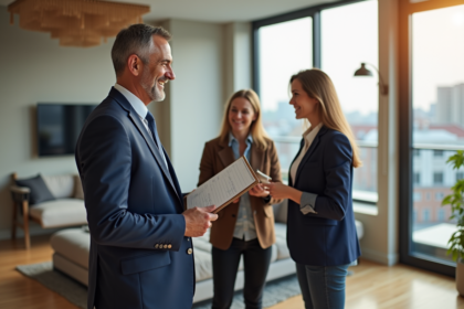 Agent immobilier souriant avec couple dans salon lumineux