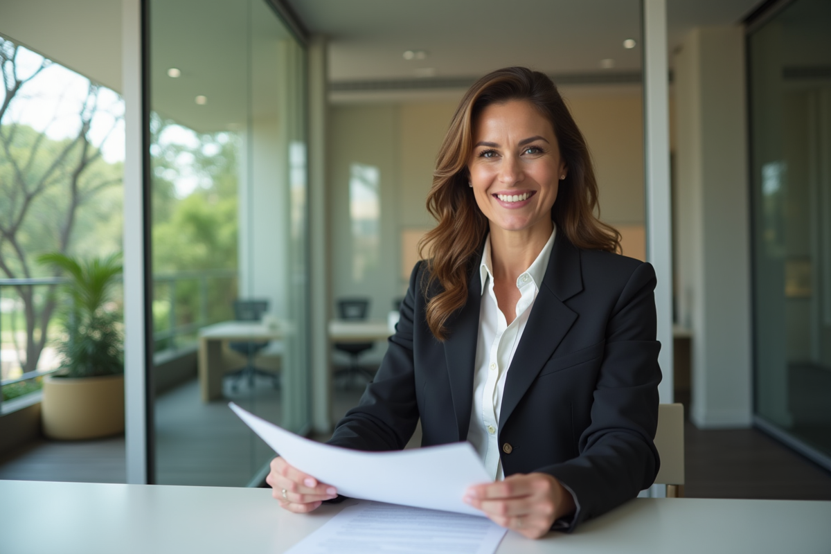 Femme agent immobilier présentant documents dans bureau