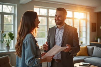 Agent immobilier discutant avec un couple dans un salon lumineux