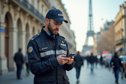 Agent municipal utilisant un smartphone à Paris avec architecture emblématique