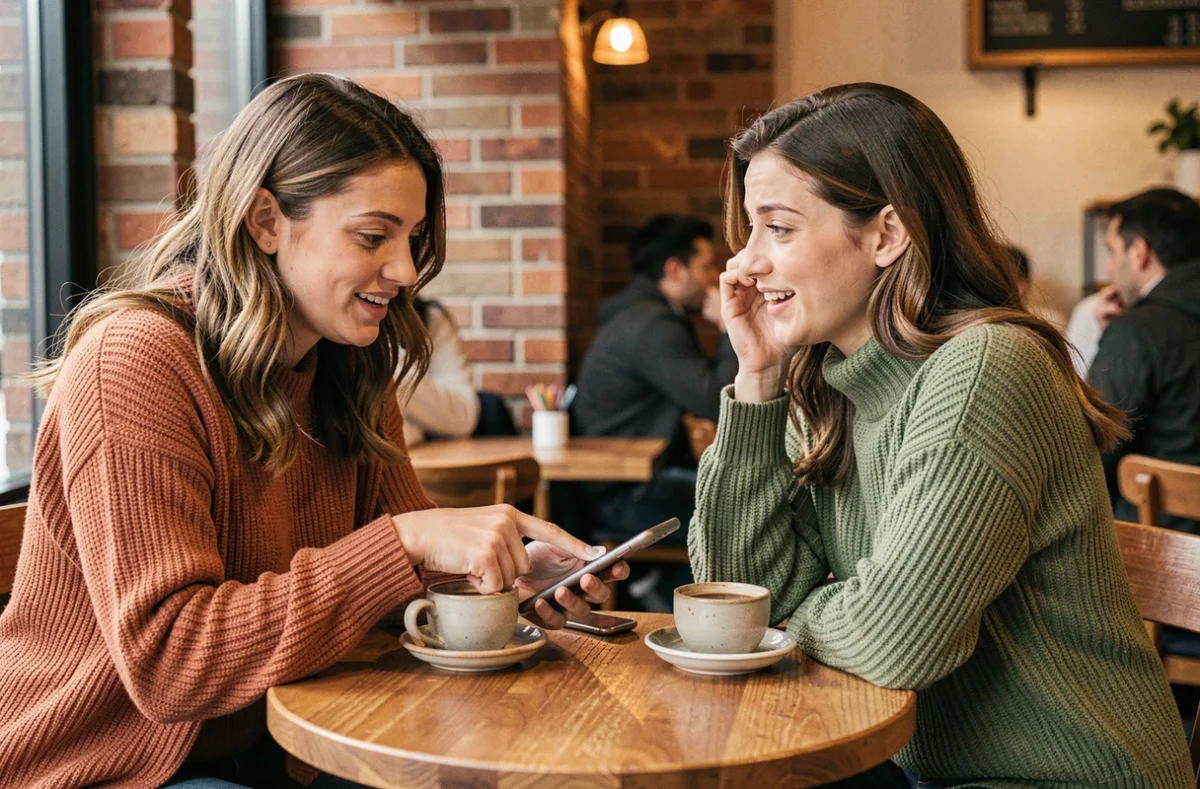 Deux amies discutant des résultats d'un test de personnalité archange sur smartphone dans un café chaleureux