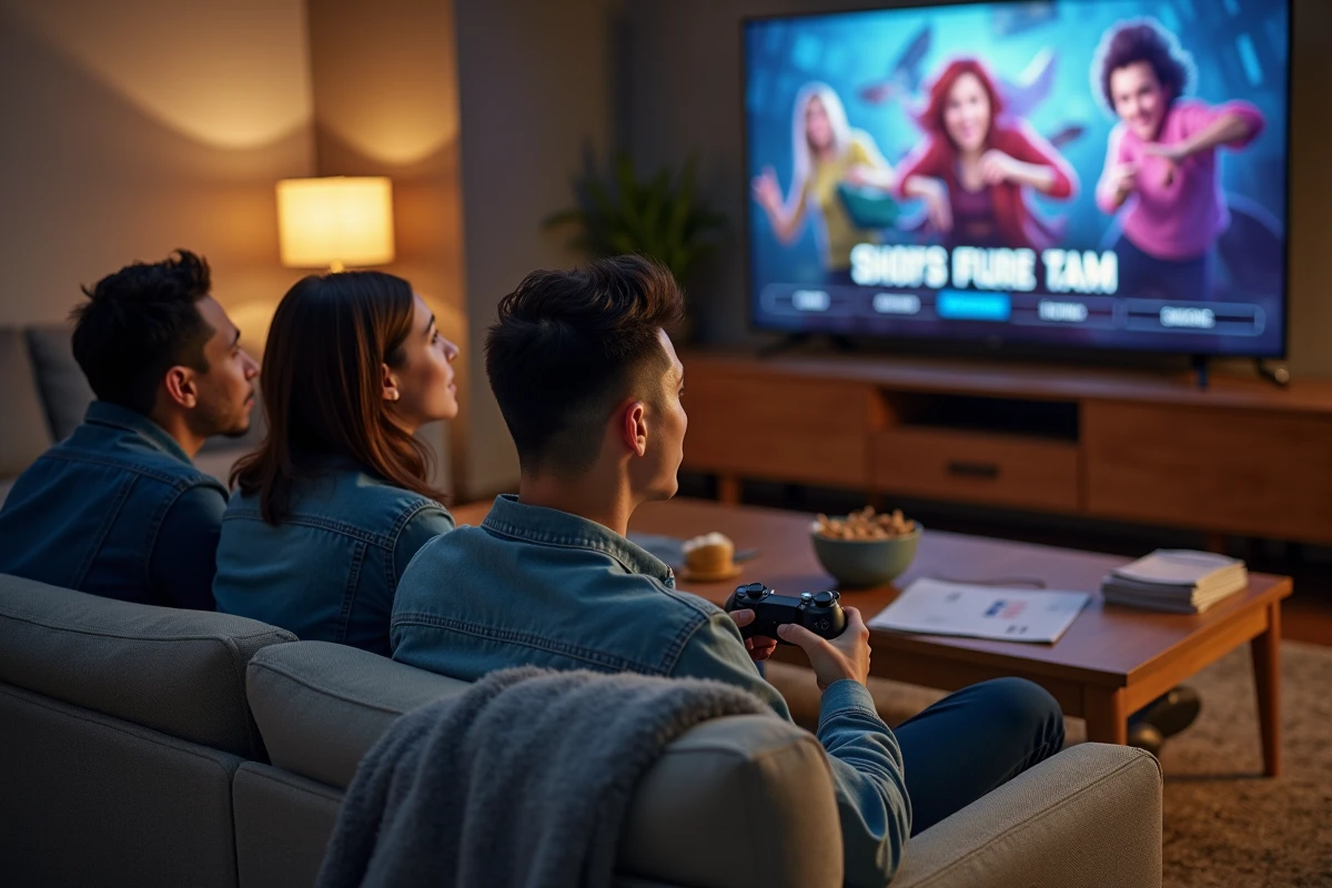 Trois amis sur un canapé discutant de la composition d'une équipe dans un jeu RPG fantasy affiché sur grand écran