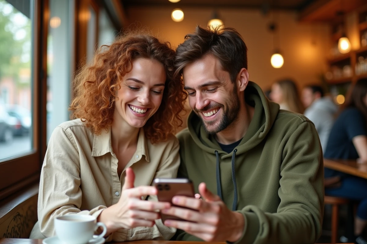 Deux amis riant ensemble en jouant à un jeu de devinettes de vocabulaire sur smartphone dans un café convivial