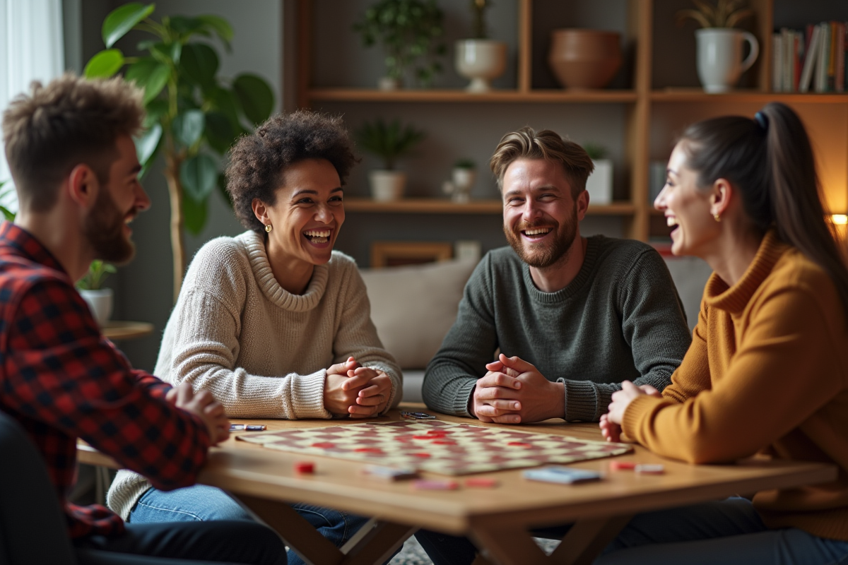 Groupe d'amis jouant à un jeu de société dans un salon chaleureux