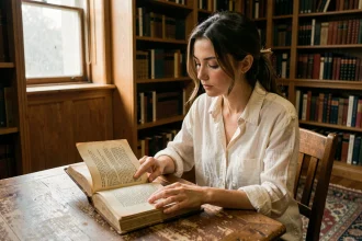 Jeune femme lisant un recueil de poésie d'Arthur Rimbaud dans une bibliothèque ancienne, analysant une citation en contexte