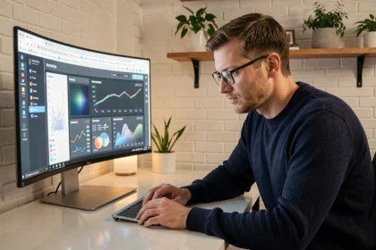Homme analysant la présence de dfendr sur le web via un tableau de bord analytique sur grand écran