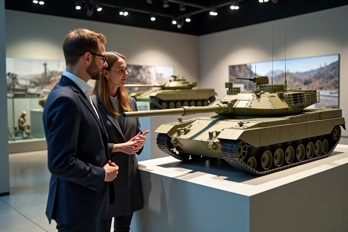 Deux analystes militaires examinant une maquette détaillée du char Leclerc dans une salle d'exposition muséale