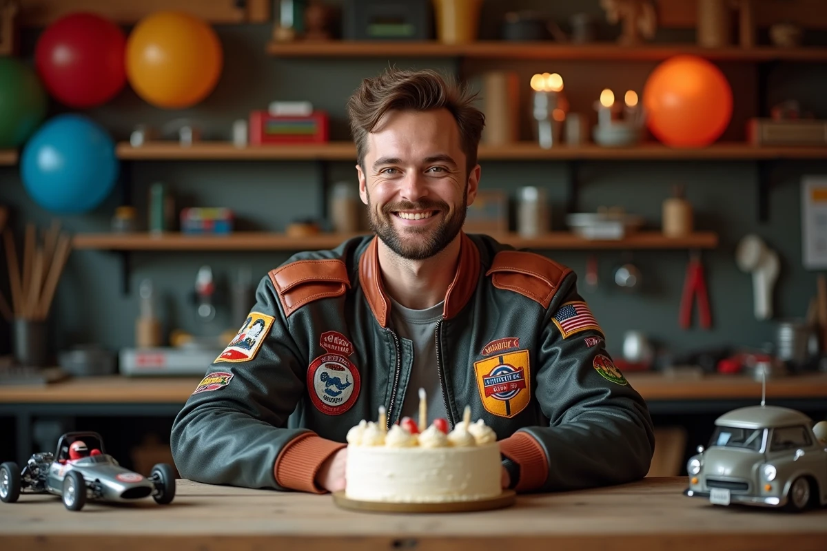 Homme passionné de voitures et sport fêtant son anniversaire dans un atelier garage décoré