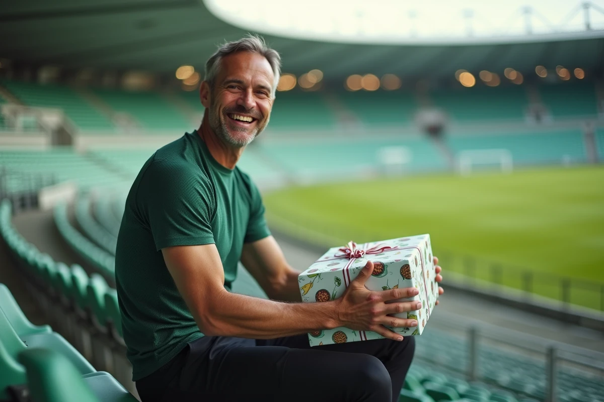 Homme sportif ouvrant un cadeau d'anniversaire dans un stade de sport en plein air