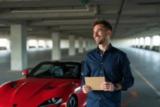 Homme souriant à côté d'une voiture de sport rouge pour son anniversaire dans un parking urbain