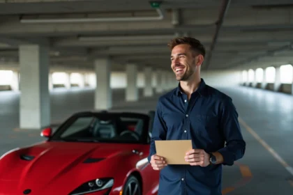 Homme souriant à côté d'une voiture de sport rouge pour son anniversaire dans un parking urbain