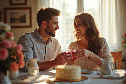 Couple heureux célébrant leur anniversaire à la maison
