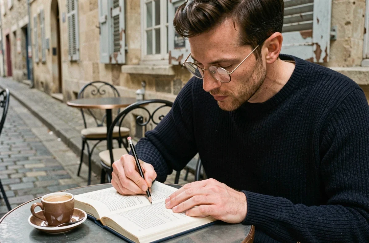 Homme annotant une anthologie de poésie de Rimbaud en terrasse de café, méthode d'analyse littéraire contextuelle
