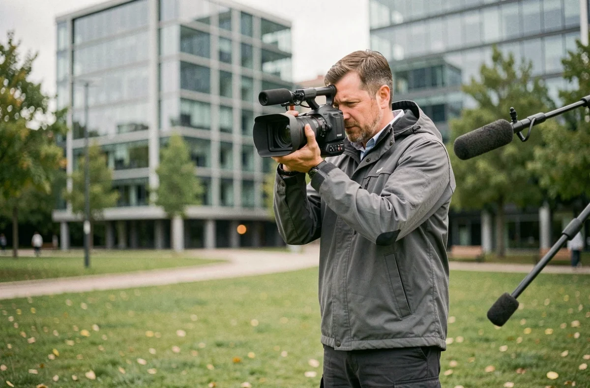 Cadreur et monteur vidéo opérant une caméra broadcast lors d'un tournage d'interview en extérieur à Rennes