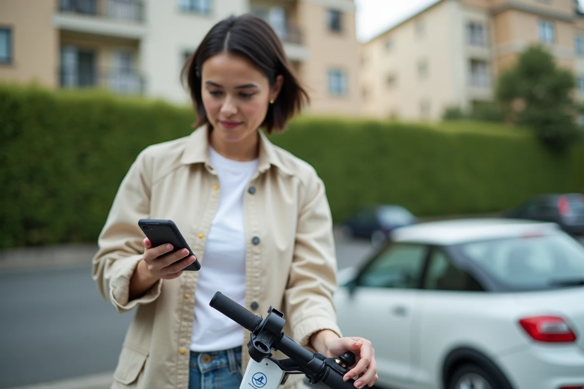 Femme utilisant une application smartphone pour débrider une trottinette électrique blanche dans un parking résidentiel