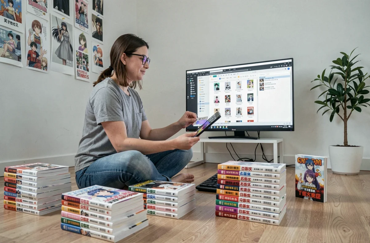 Femme organisant une archive numérique de chapitres de manga One Piece sur ordinateur entourée de volumes physiques