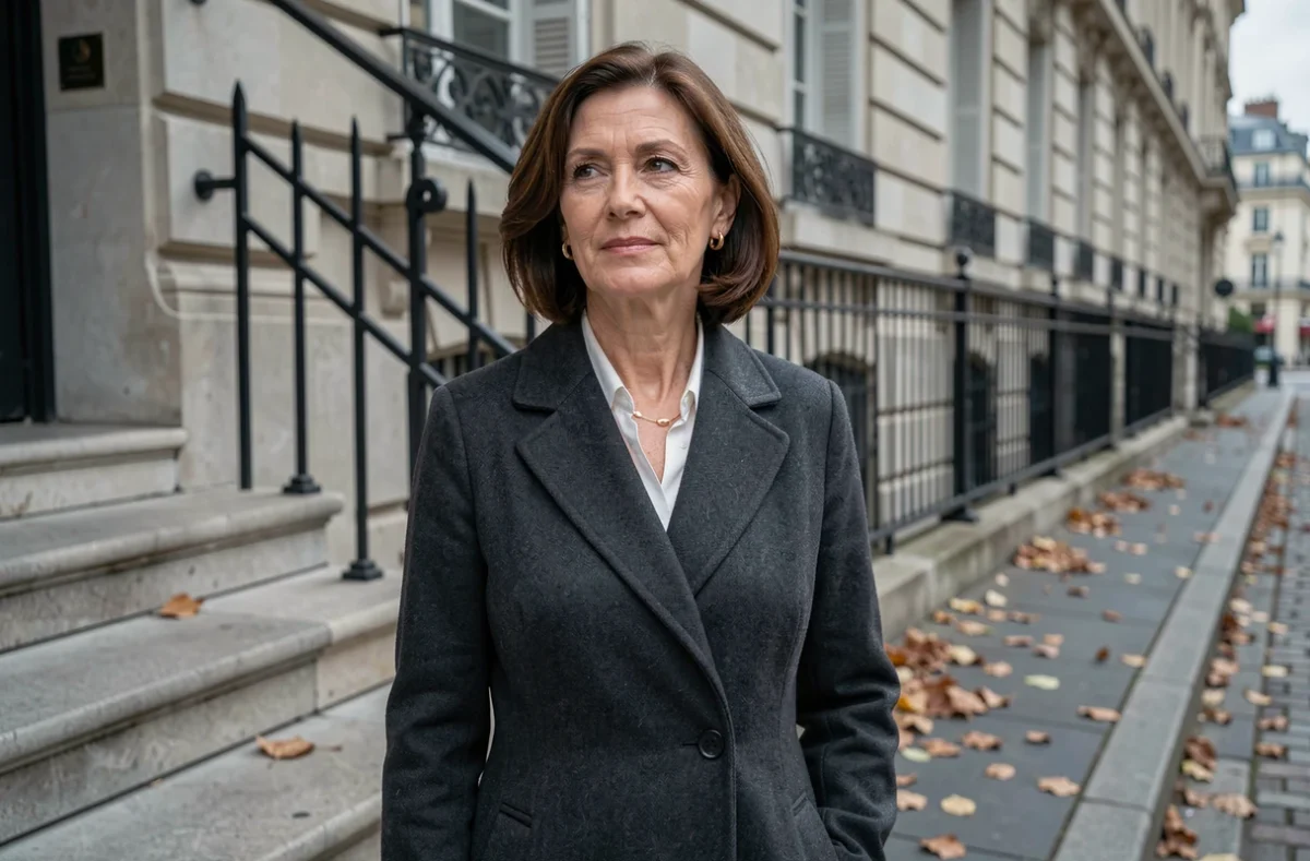 Femme artiste française posant devant un immeuble haussmannien à Paris en automne