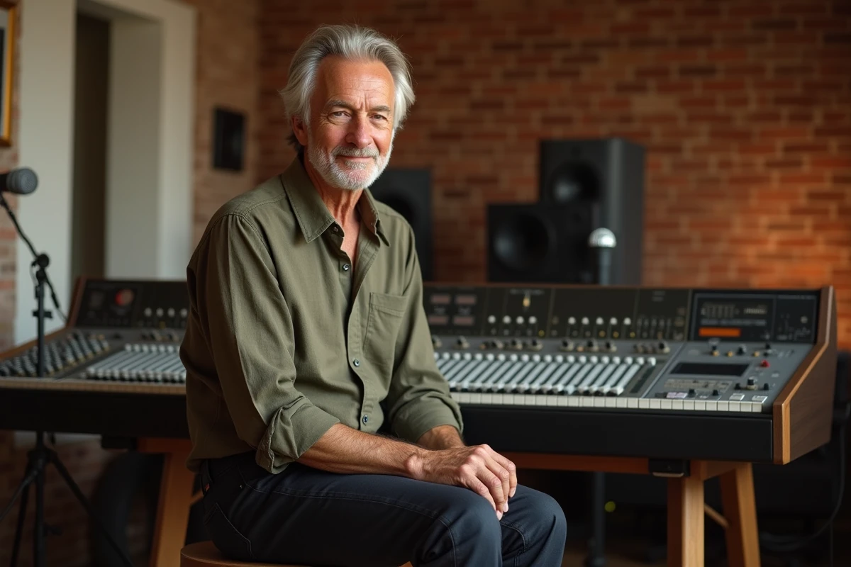 Artiste français senior assis dans un studio d'enregistrement avec console de mixage en arrière-plan