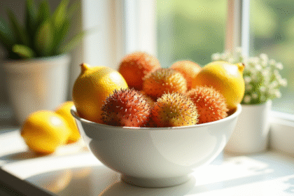 Assortiment de lychees et citrons frais dans un bol blanc