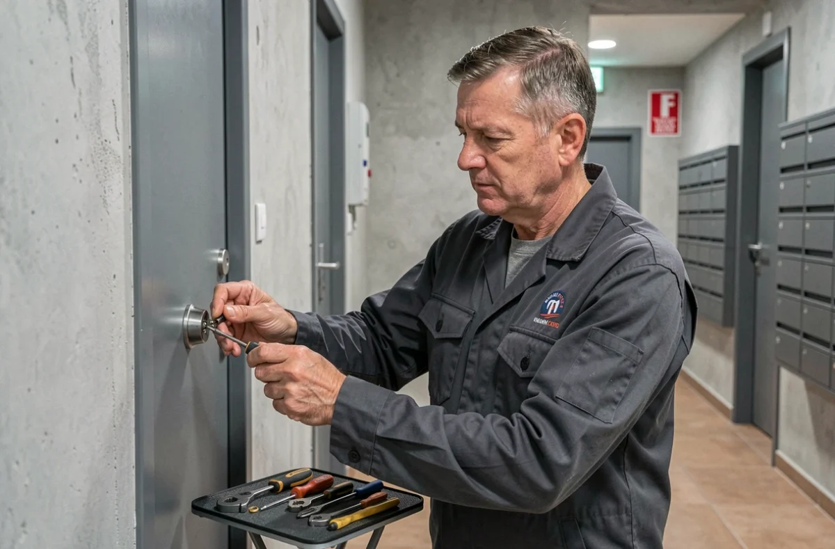 Serrurier de l'Atelier du Serrurier en train de poser un cylindre sur une porte d'appartement dans les Côtes-d'Armor
