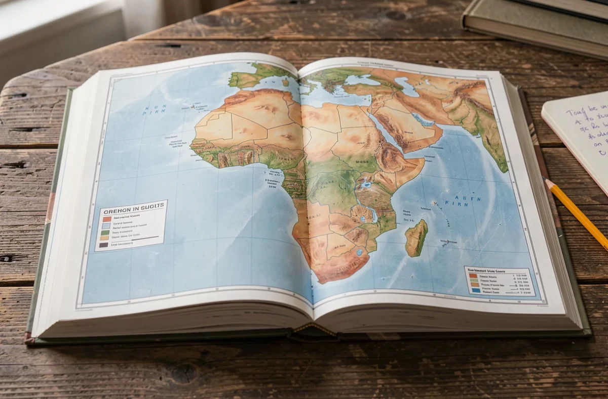 Atlas ouvert sur une carte physique détaillée du continent africain posé sur un bureau en bois avec des notes manuscrites
