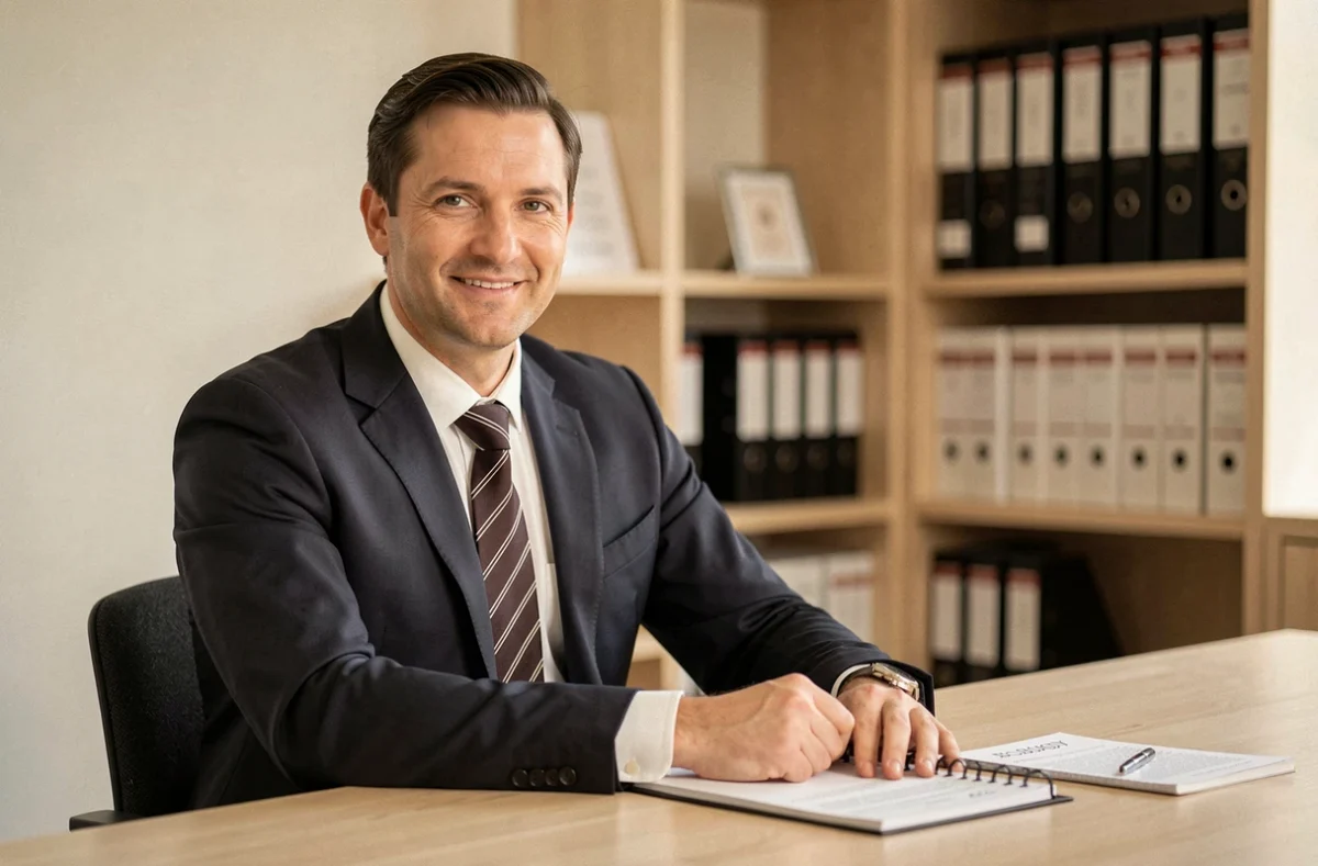 Avocat inscrit au barreau de Bobigny en costume classique, assis à une table de consultation avec des codes juridiques