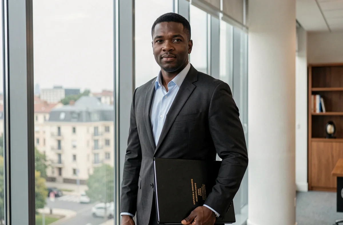 Avocat au barreau de Seine-Saint-Denis en costume sombre debout près d'une fenêtre avec vue sur la ville