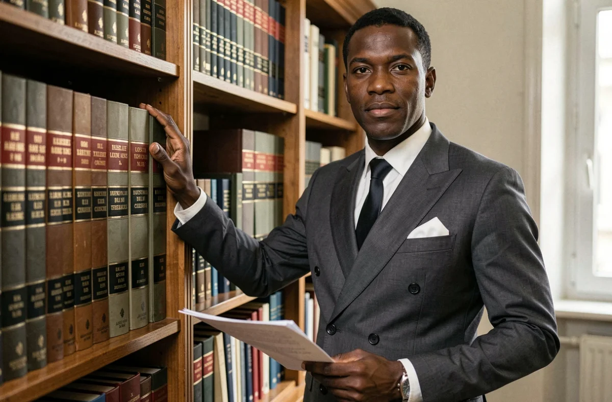 Avocat au barreau de Seine-Saint-Denis en costume double boutonnage debout devant une bibliothèque juridique garnie de volumes de droit