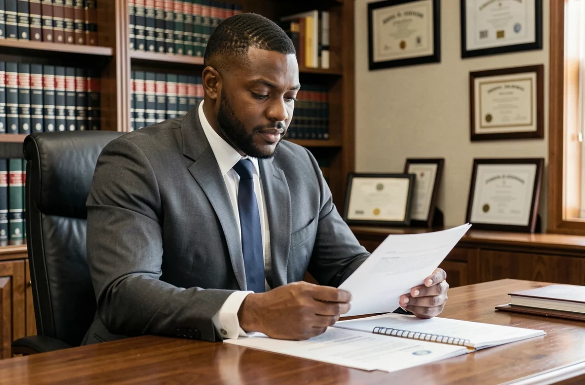 Avocat spécialisé en droit de la famille assis à son bureau dans un cabinet juridique à Saint-Denis, consultant des documents légaux