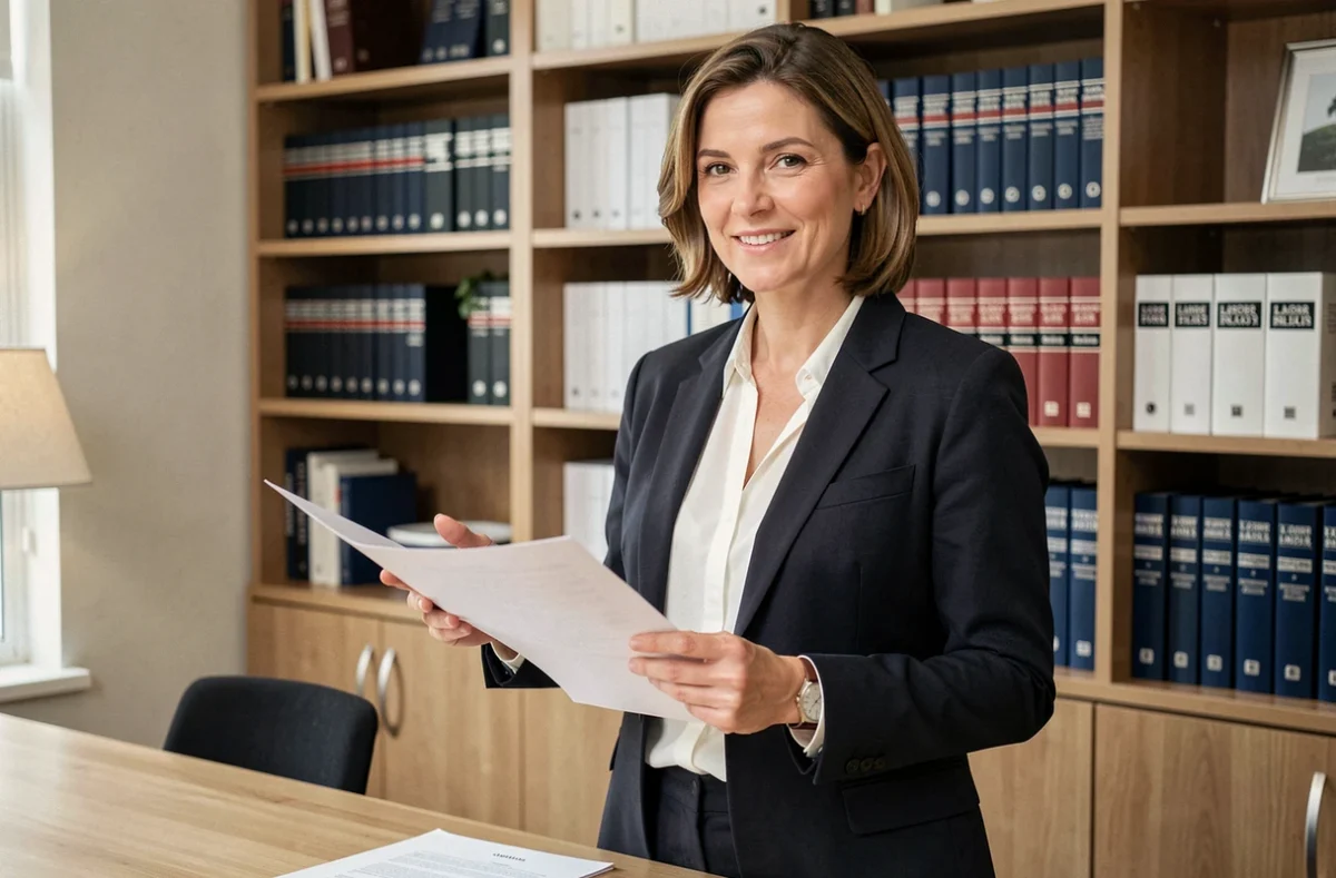 Avocate en droit du travail debout dans son cabinet à Saint-Denis, tenant un dossier juridique lors d'une consultation
