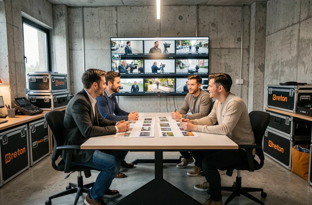 Équipe de l'agence de production vidéo B20 Production réunie autour d'une table de montage dans leurs bureaux en Bretagne