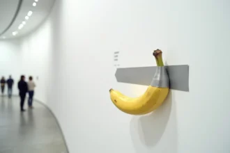 Banane scotchée sur un mur de galerie d'art contemporain, installation artistique minimaliste inspirée de l'œuvre Comedian de Maurizio Cattelan