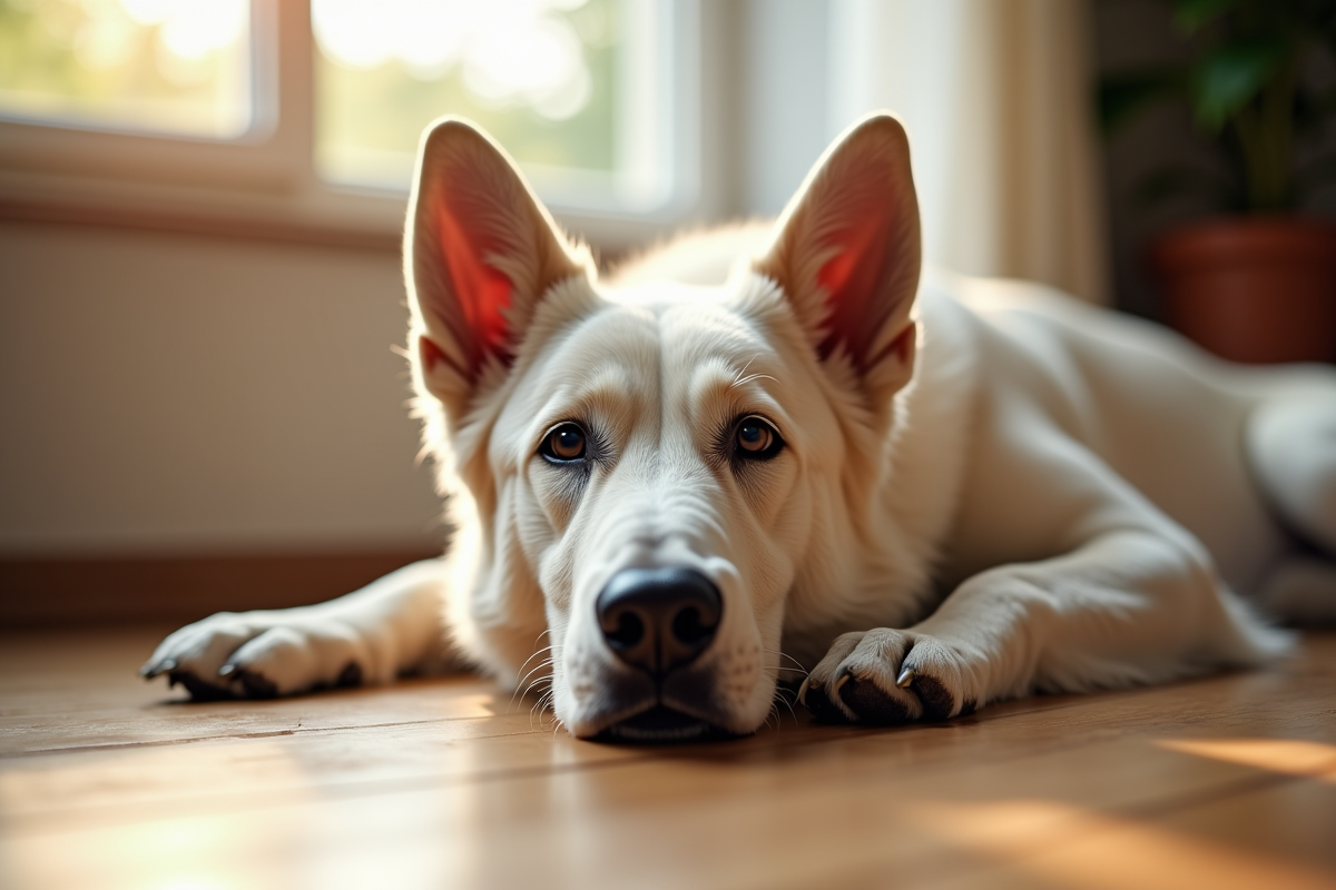 Chien berger blanc belge reposant à l intérieur près d une fenêtre