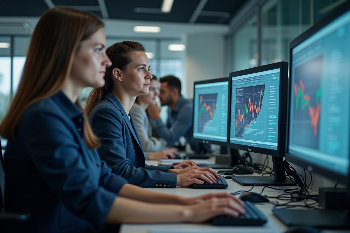 Espace de travail moderne à Reims avec éducateurs analysant des données numériques
