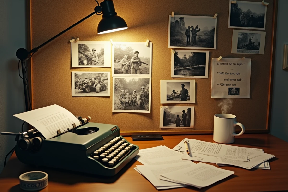 Bureau encombré d'un journaliste de cinéma avec des photos de films sur le Vietnam, une machine à écrire vintage et un tableau de liège couvert de notes