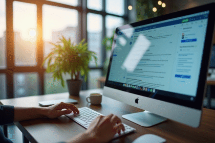 Espace de travail moderne avec écran affichant la boîte mail AOL