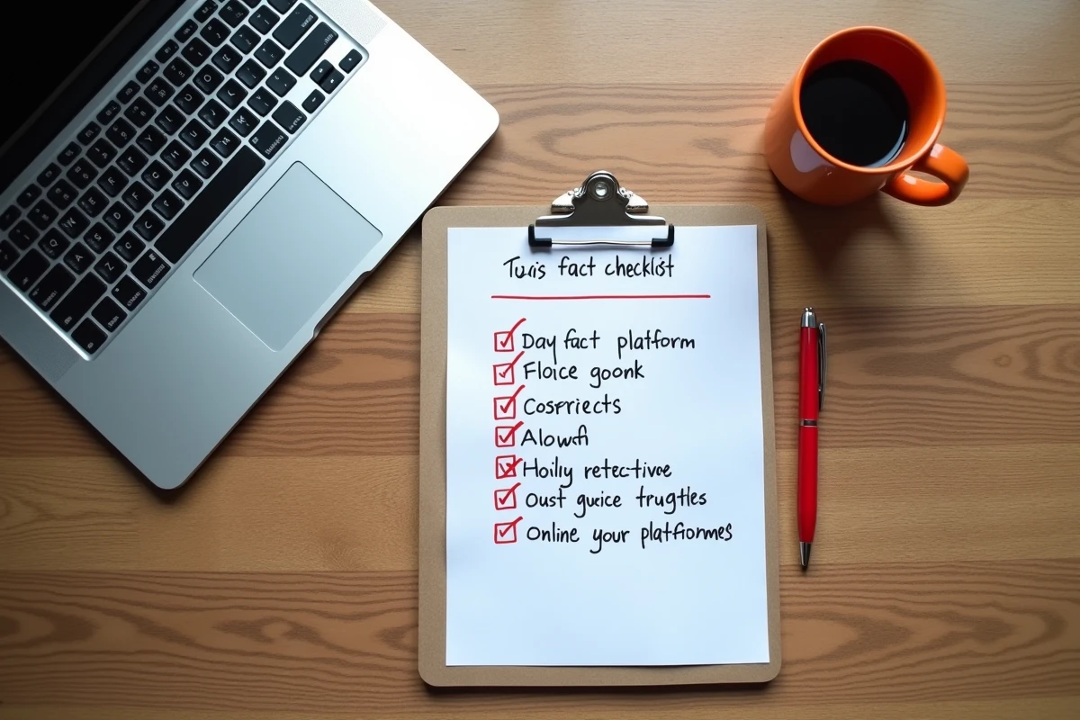 Bureau avec ordinateur portable et checklist manuscrite pour évaluer la fiabilité d'un site web