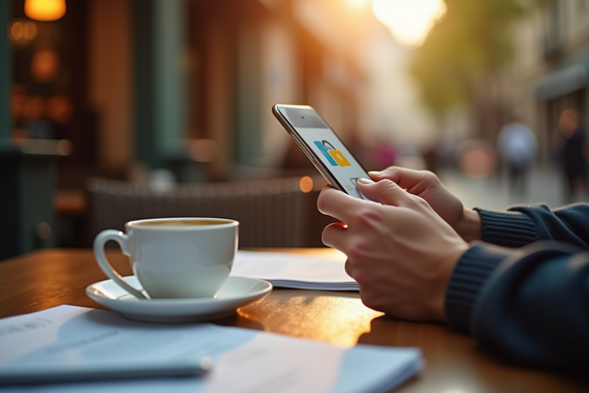 Café lyonnais le matin avec personne vérifiant ses mails sur smartphone