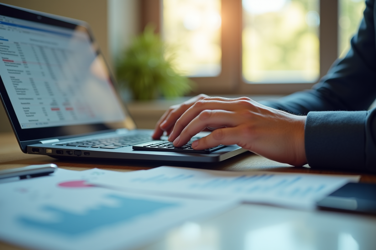 Mains utilisant calculatrice et ordinateur portable sur tableau financier