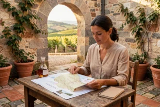 Femme consultant une carte papier de la région Armagnac attablée dans une cour en pierre d'un village gascon, avec un verre d'Armagnac posé à côté