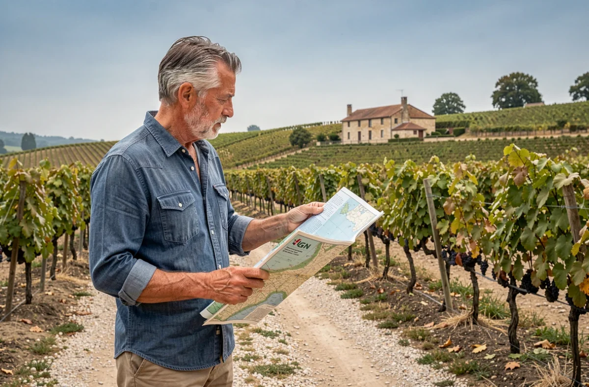 Homme tenant une carte IGN de la région Armagnac debout dans un chemin de vigne en Gascogne avec une ferme typique visible en arrière-plan